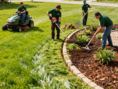 Landscaping team mowing, trimming, and raking a yard.
