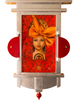 reverse glass painting with girl face and machine parts