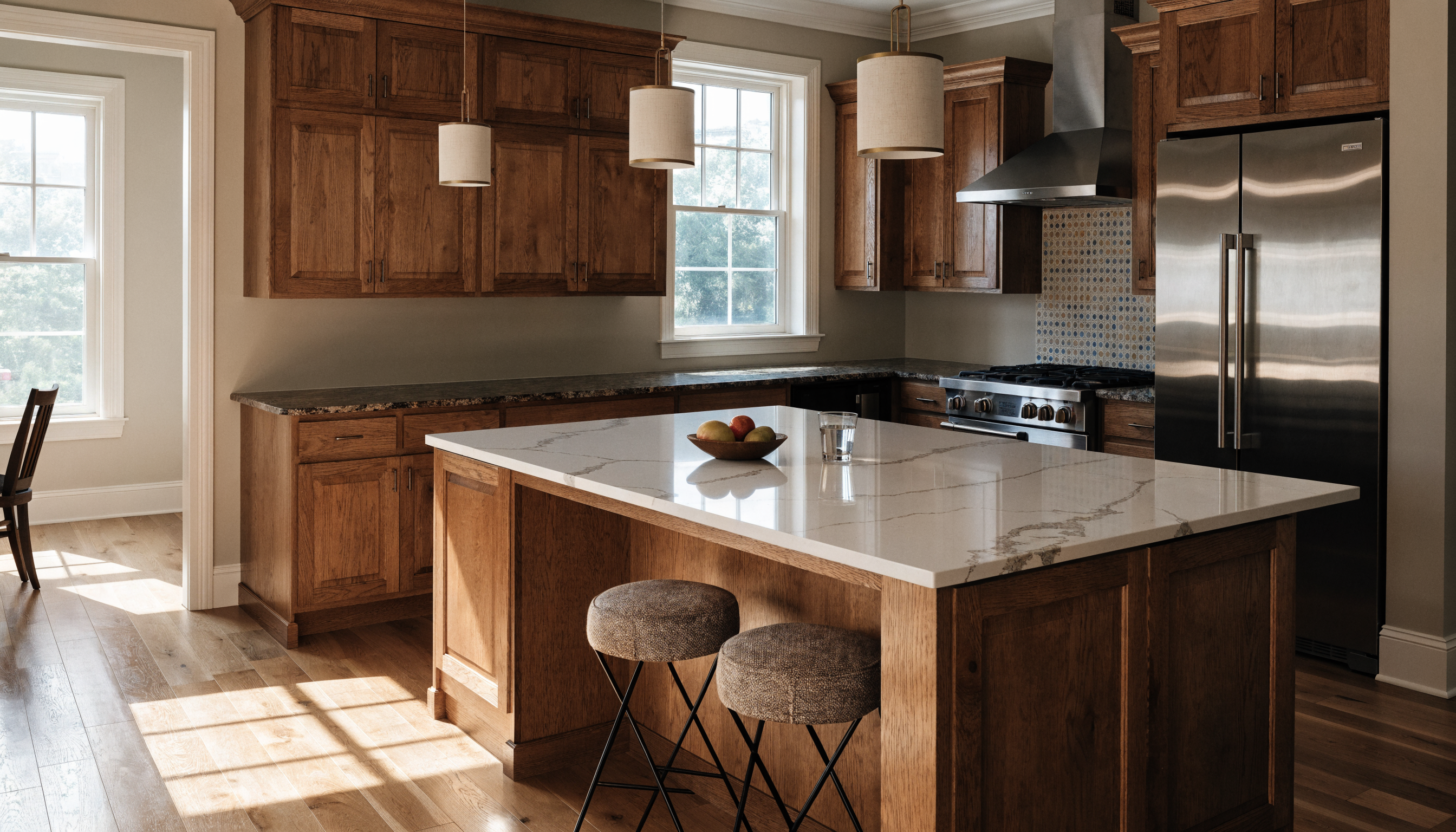 Kitchen with a white quartz island countertop beside dark natural granite perimeter countertops