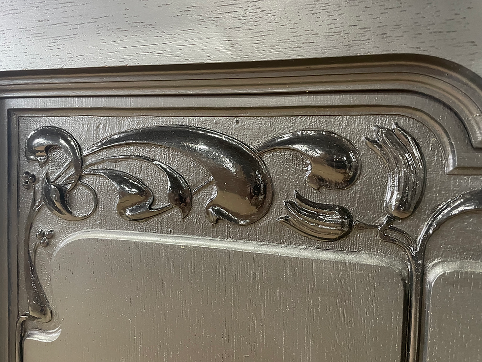 Thumbnail: Oriental Style Black Painted Dresser with Mirror, Gold Leaf & Carving Detail