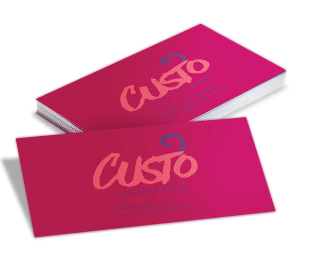 Rectangular postcard styled like a business card, with “Custo” logo on bright magenta background.