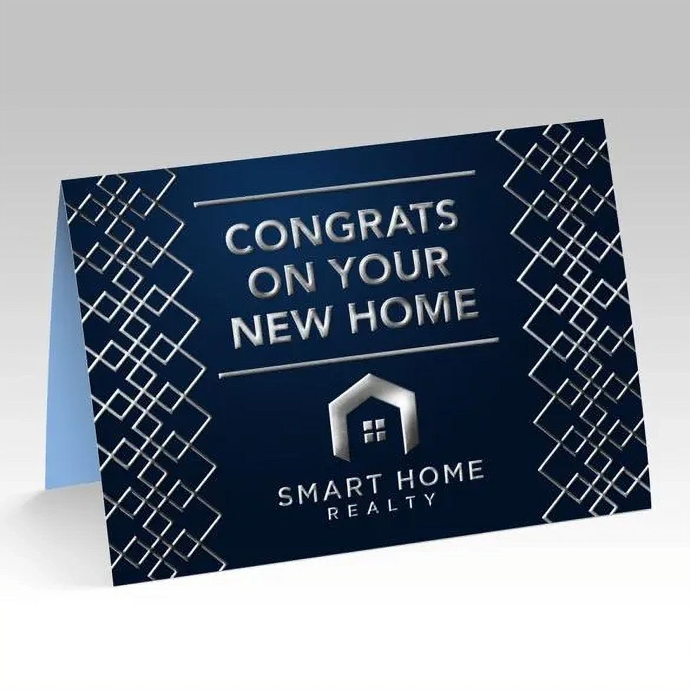 Thumbnail: Navy card with silver text: Congrats on your new home. Smart Home Realty.
