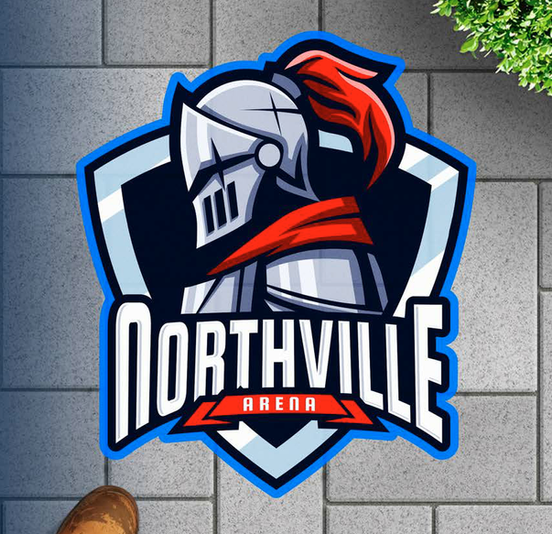 Ground‑level graphic of a knight’s helmet shield logo reading “Northville Arena” applied to gray tile pavement.