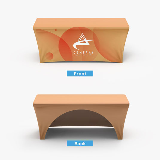 Custom-printed table cover, front and back views