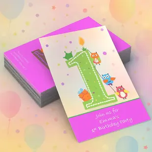 A stack of custom 1st birthday party invitations featuring a cute design with an owl, a squirrel, and the number one.