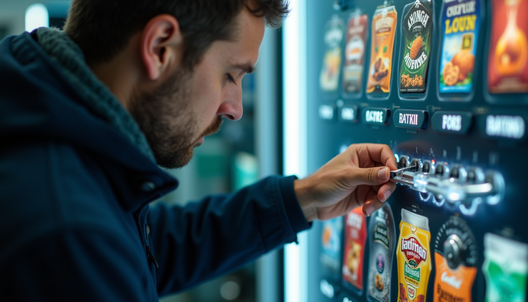 Close-up view of a vending machine technician repairing a coin mechanism