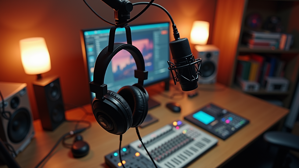 High angle view of a podcast studio setup with microphone, headphones, and mixing console