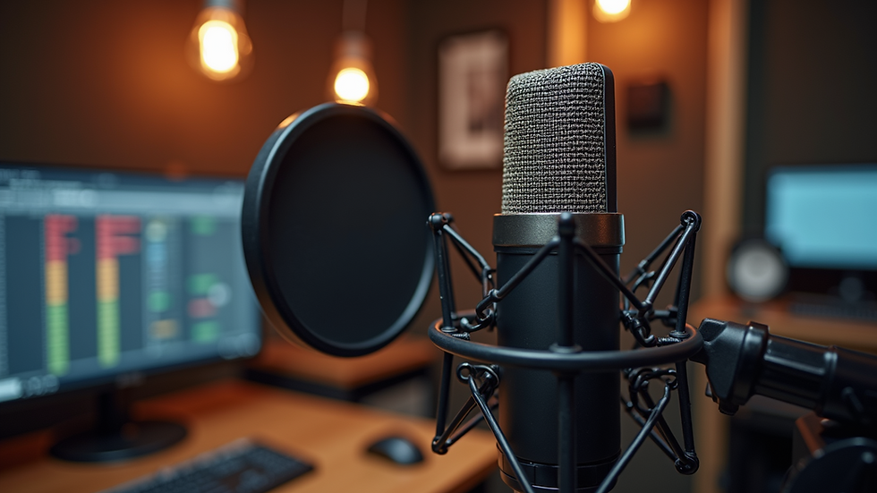 Close-up view of a podcast microphone with pop filter in a recording studio
