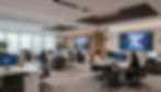 Oficina moderna con varias personas trabajando en escritorios, computadoras con gráficos, pantallas grandes en paredes, ambiente profesional.
