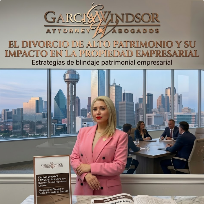 Isabela Amie Garcia, Dallas High Asset Divorce Lawyer, stands confidently in a luxury office wearing a pink blazer,  with a group of business owners are seen in a meeting in the background.
