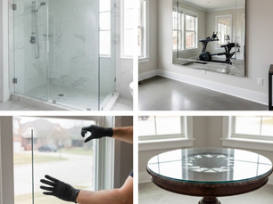 A composite image showcasing four professional glass services in Frisco: a frameless glass shower with marble tiling, a large custom-cut wall mirror in a home gym, a technician’s hands installing a replacement window pane, and a decorative glass tabletop on a wooden pedestal table.