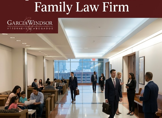 A photograph of the interior hallway of the Dallas County Family Court Building, depicting various activity. In the left foreground, a Hispanic family of four (a mother, father, daughter, and son) is seated together on modern lounge chairs, reviewing legal documents.