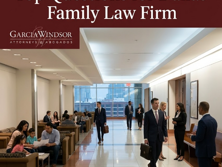 The interior hallway of the Dallas County Family Court Building filled with attorneys in business suits conversing and families waiting on benches, styled with a maroon header reading Dallas Divorce Lawyer: Top Questions for Dallas Family Law Firm.
