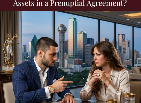 A man and a woman sit at a conference table reviewing prenuptial agreement documents, depicting a serious legal discussion regarding asset disclosure with the Dallas skyline visible in the background.