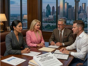 Una mesa de conferencias de madera en una oficina legal de un rascacielos con vista al horizonte de la ciudad de Dallas. Sentados alrededor de la mesa hay cuatro profesionales del derecho: una mujer hispana con un traje gris, Isabela Garcia, Dallas Divorce Lawyer, un hombre mayor con lentes y traje marrón, y un hombre blanco con camisa de vestir blanca. 