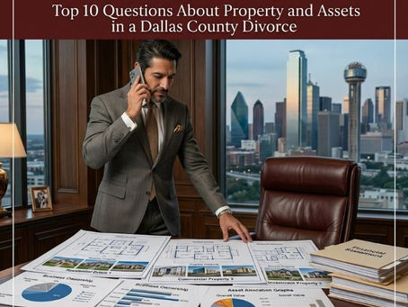 A social media graphic titled "Dallas Divorce Lawyer: Division of Assets in Texas Divorce" featuring a professional Hispanic man in a suit sitting at a large wooden desk while speaking on a phone. The desk is covered with property blueprints, financial charts, graphs, and business ownership documents, symbolizing the complex "just and right" division of a community estate in a Dallas County divorce. The Dallas skyline is visible at dusk in the background, and the Garcia-Windsor, P.C. law firm logo is displayed at the bottom.