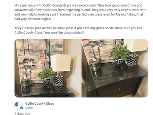 A screenshot of a 5-star Google Business Profile review from Erica Thompson for Collin County Glass. The review praises the company's exceptional customer service and precise glass cutting for an angled nightstand. The screenshot includes the owner's response thanking the customer and side-by-side photos of the finished glass tabletop protectors.
