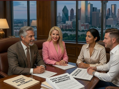 Una abogada de divorcios rubia con un saco rosa sonríe y lidera una reunión estratégica en una oficina legal de Dallas junto a un colega mayor y una pareja de clientes. Sobre la mesa de madera hay carpetas legales tituladas con temas de custodia infantil y división de bienes, con el impresionante panorama urbano de la ciudad de Dallas visible a través del gran ventanal al fondo.