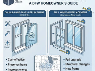 Infographic titled "Double-Pane Glass Replacement vs. Full Window Replacement: A DFW Homeowner's Guide" by Collin County Glass, comparing IGU glass-only replacement with complete unit replacement using side-by-side diagrams, feature bullet points, and a Collin County map.
