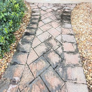 Paver walkway with discoloration, mildew patches, and dirt buildup before cleaning and sealing in Cape Coral.