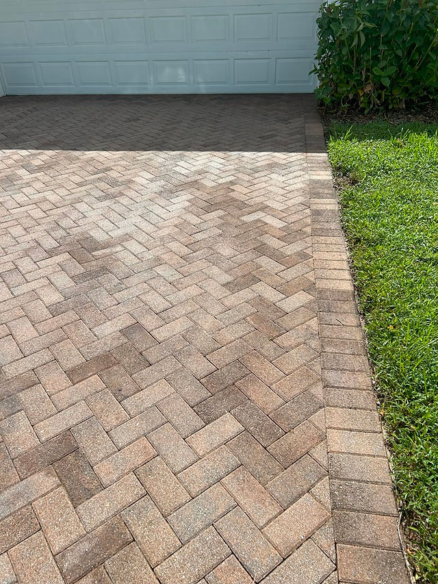 Professional paver cleaning removing black mildew and oil stains for a bright, refreshed surface.