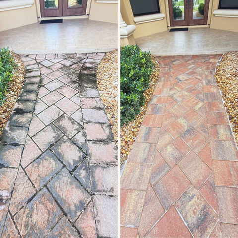 Before and after image of a front walkway in Cape Coral showing dirty pavers restored through professional paver sealing.