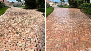 A side-by-side before-and-after comparison of an antique paver driveway and walkway near Gulf Harbour Marina in Fort Myers.