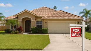 Florida home for sale with beige stucco exterior, terracotta tile roof, lush green lawn, palm trees, and a bright red 'For Sale' sign out front.