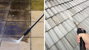 Before-and-after image showing the difference between soft washing and pressure washing — one side gently cleaned with low pressure, the other deep-cleaned with high-pressure water, highlighting surface-specific results.