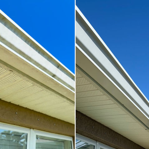 Gutters and soffits side-by-side before and after results from professional cleaning services in Cape Coral