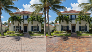 Comparison of sealed and unsealed pavers at a Cape Coral home, showing improved color and protection after professional paver sealing.