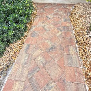 Clean and vibrant paver walkway after full restoration, with mildew removed and colors revived through sealing.