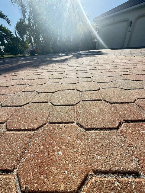 Up-close photo of sealed driveway pavers in Cape Coral showing vibrant color and a clean, protected finish after professional paver sealing.