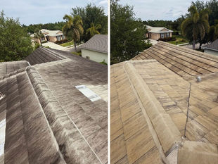 Black streaks caused by algae on a Cape Coral roof before and after professional roof cleaning service.