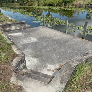 Wide view of Cape Coral dock and seawall before cleaning, with visible staining and weather damage across all surfaces.