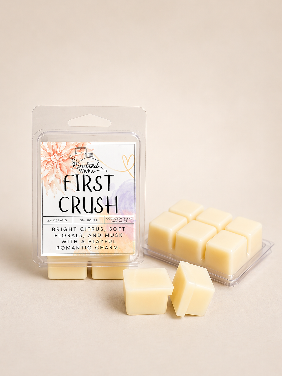First Crush wax melts package and cubes