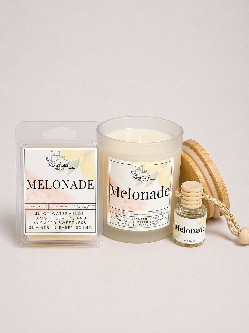 Melonade wax melt, candle, and car air freshener set