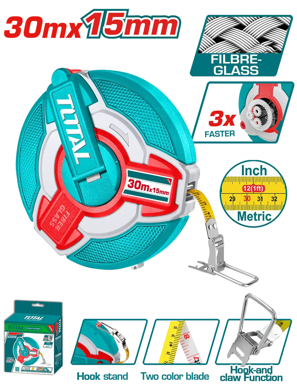 TOTAL Fiberglass Measuring Tape 30 m × 15 mm – Double-Sided (TMTF18306)