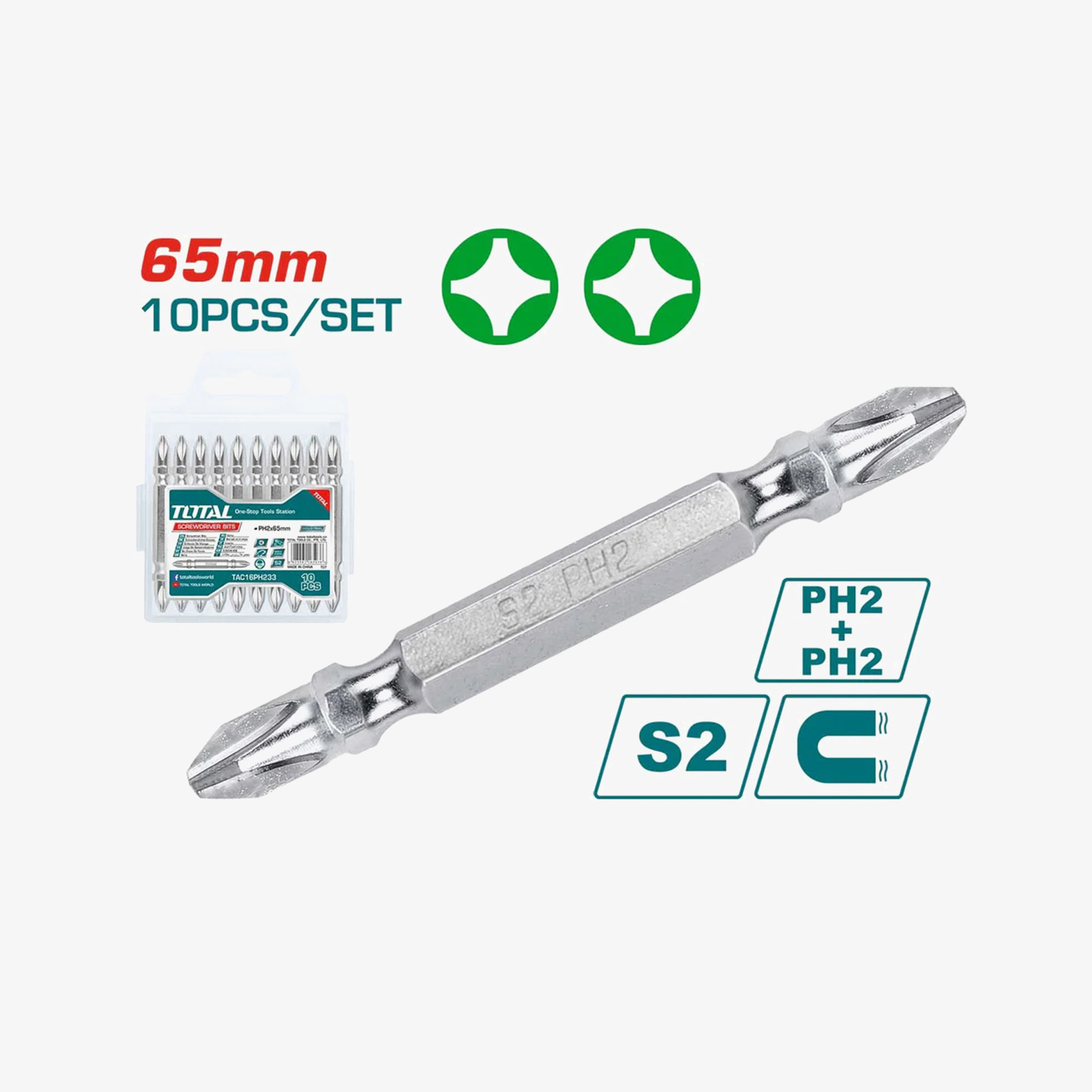 Total TAC16PH233 65mm PH2 Double-Ended Screwdriver Bits 10PCS S2 Steel Magnetic