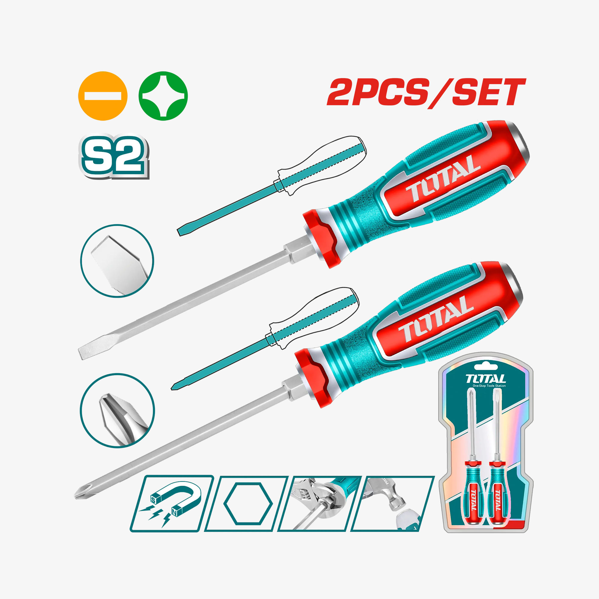 TOTAL 2Pcs go-through screwdriver set (TGTST0206)