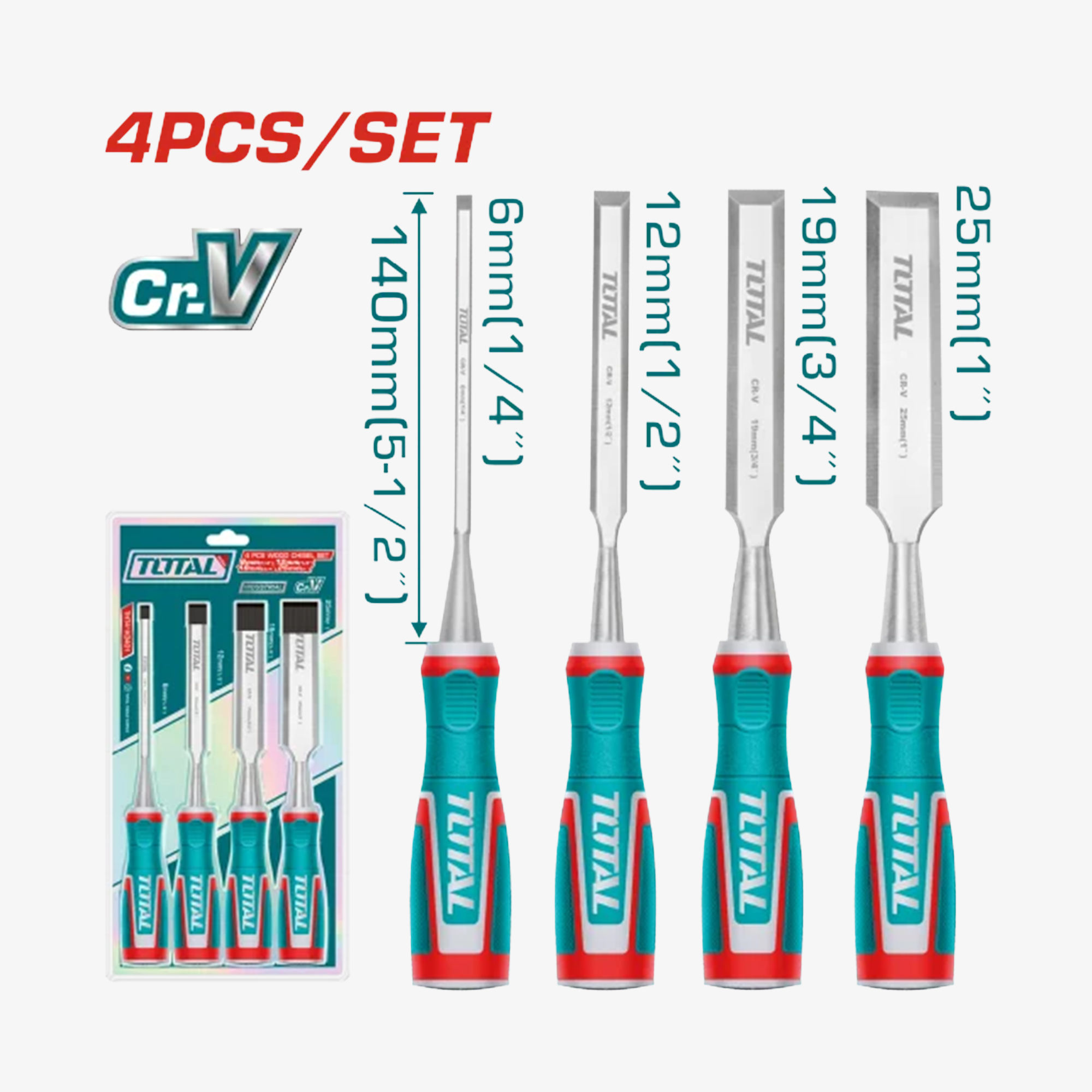 TOTAL 4 Pcs Wood Chisel Set (THT41K0401)