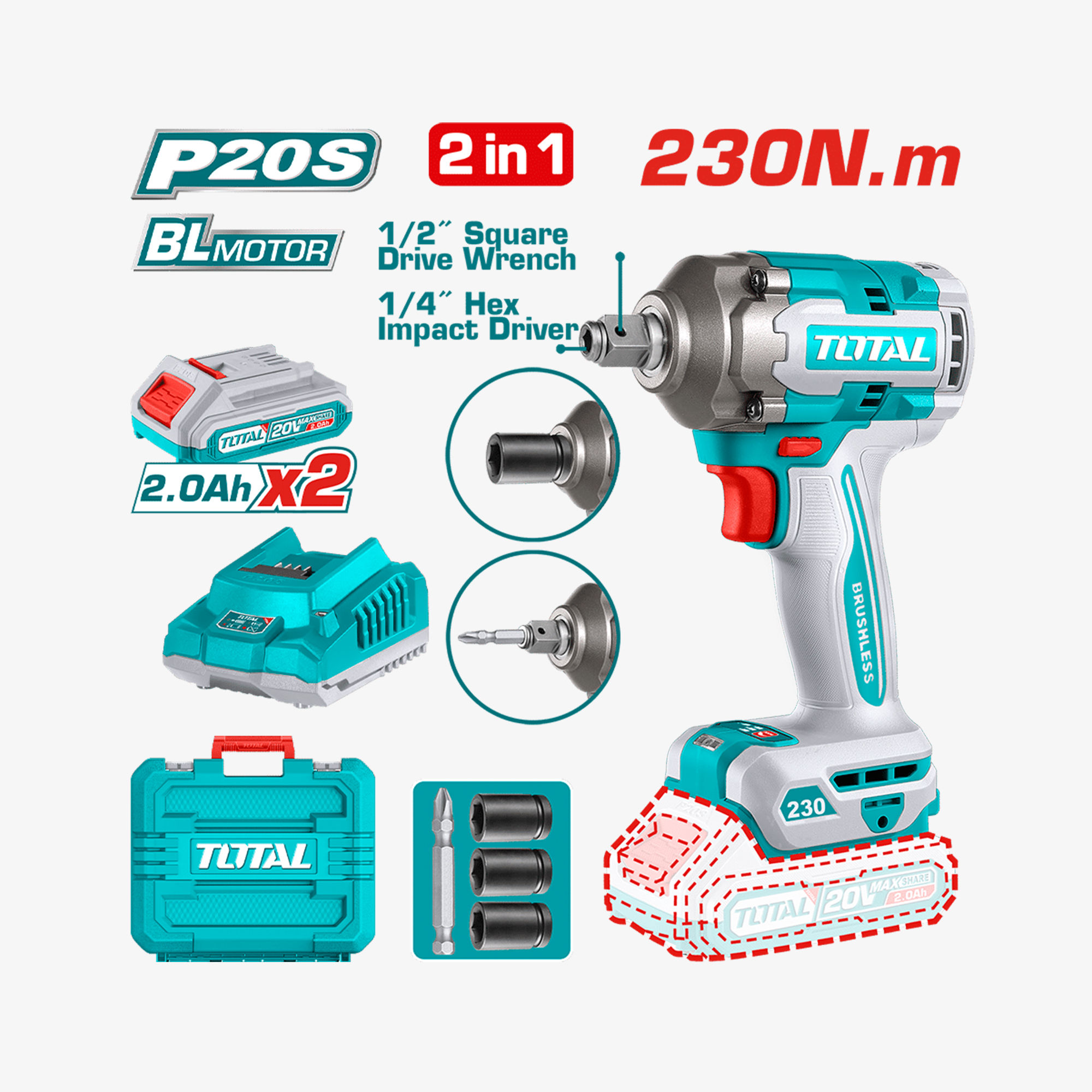 TOTAL Cordless Impact Wrench – TIWLI20236