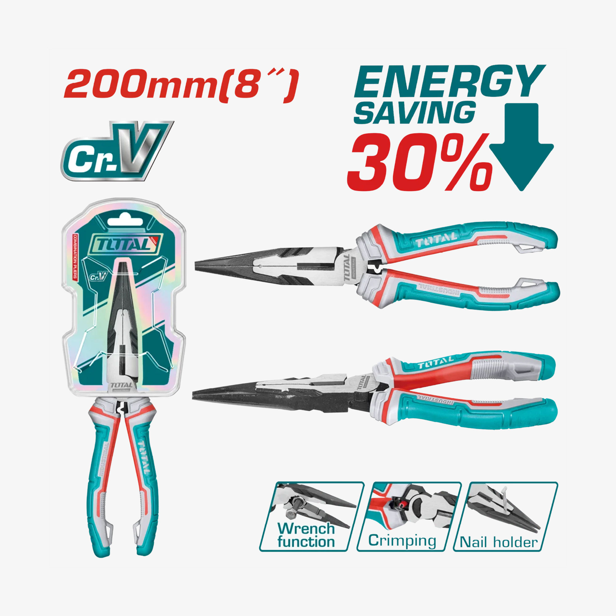 TOTAL High-Leverage Long Nose Pliers 200mm (THT220806S)