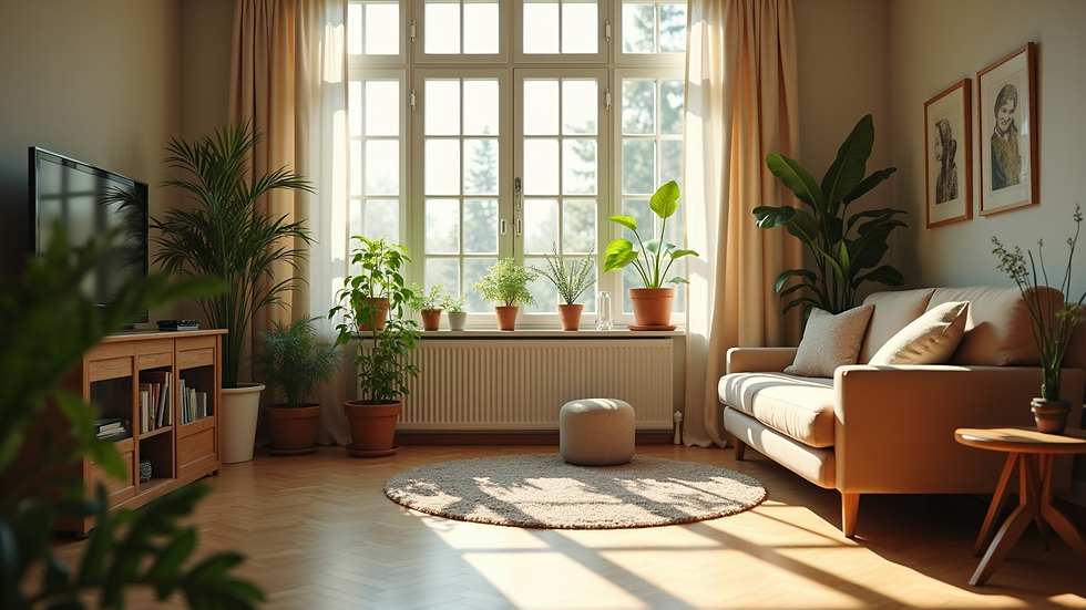Eye-level view of a cozy living room with plants and natural light