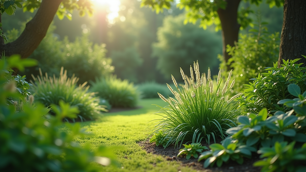 Wide angle view of a lush green garden with diverse plants