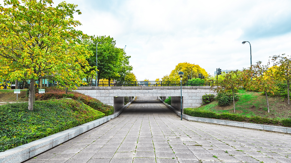 Pathway under a stone bridge, surrounded by green and yellow trees on a cloudy day. Bright and calm atmosphere.