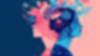 Two profiles face opposite directions, entwined with vibrant floral patterns. Pink and blue hues dominate.