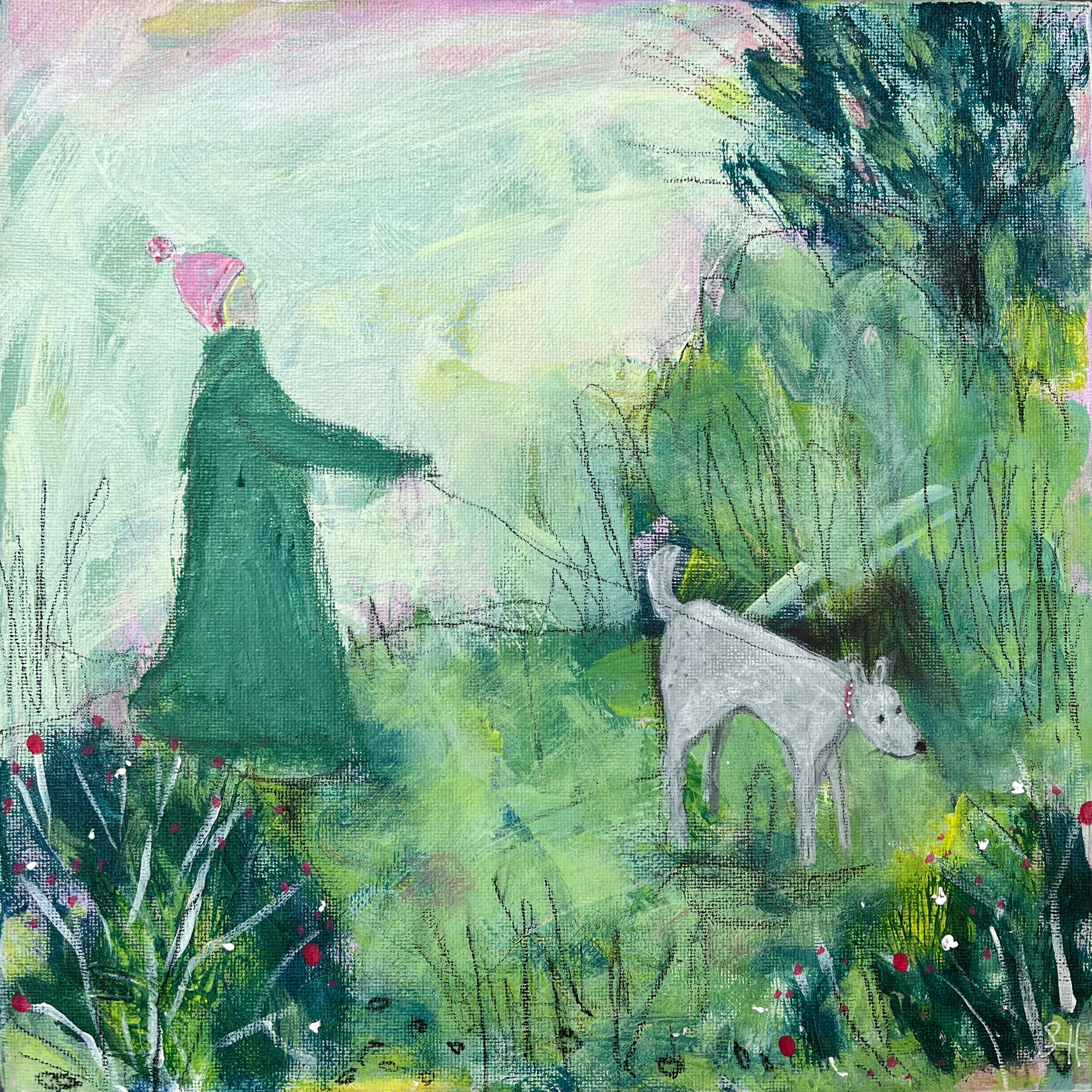 Painting of a person in a green coat and pink hat walking a white dog on a leash. The scene is set in a lush, green landscape with abstract foliage and plants. The dog is sniffing the ground while the person stands beside it. The background features a mix of green and pastel colors, creating a serene and whimsical atmosphere."

SEO Keywords:

Painting of Person Walking Dog

Green Coat

Pink Hat

White Dog on Leash

Lush Green Landscape

Abstract Foliage

Serene Atmosphere

Whimsical Art

Vibrant Colors

Nature Scene