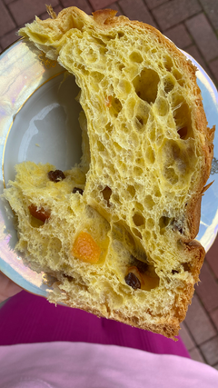 Links: Mein erster gekaufter Panettone (Sizilianer, Klassisch mit Orangenat & Rosinen) Rechts: Pane