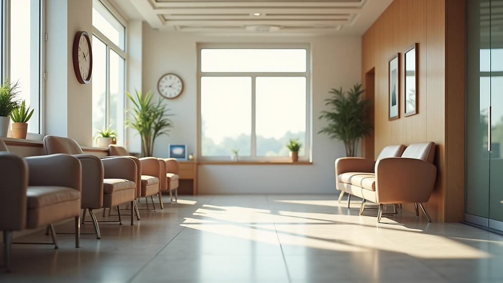 Eye-level view of a fertility clinic waiting area with comfortable seating
